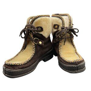 Vintage Italian Apres Ski Boots Size 6 / 37 Brown Beige Suede Faux Fur Lace Up W